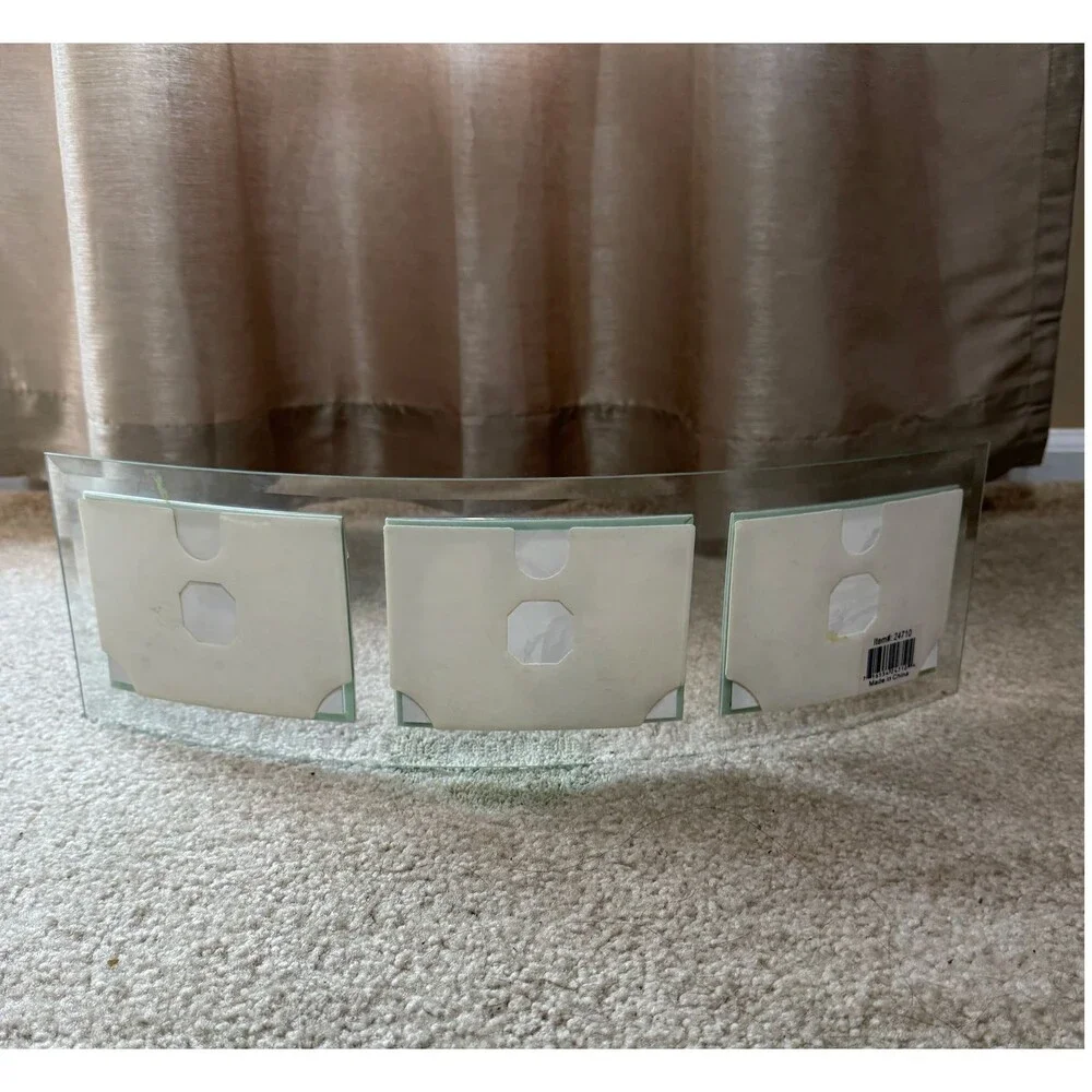 Curved Glass Triple Picture Frame 3 Photo Beveled Silver Desk Mantel Holder Bent